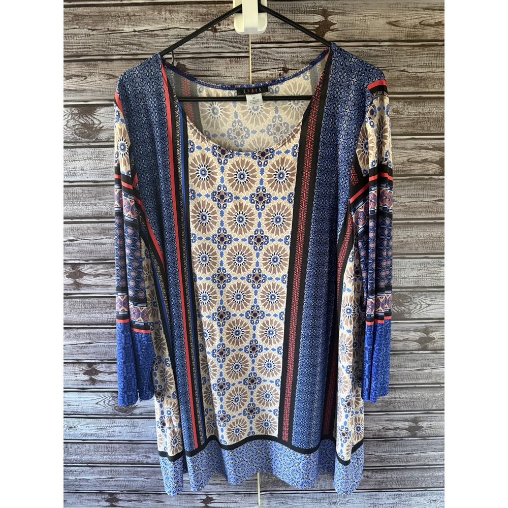 Cyrus Women's Long-Sleeved Tunic Top Size 3X Blue Geometric Stretch